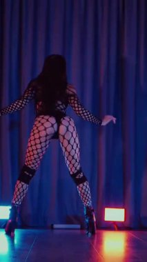Dikey. Dans eden örgü giysili seksi kadın. Bir dansçı kız karanlık bir salonda erotik bir şekilde dans eder. Kıvranma, yüksek topuklar, striptiz, baştan çıkarıcı bir dans. Atmosferik renkli ışık, kulüp, sahne.