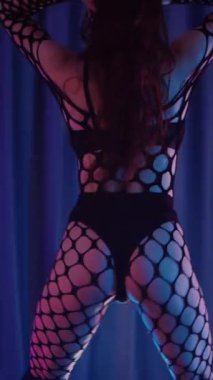 Dikey. Dans eden örgü giysili seksi kadın. Bir dansçı kız karanlık bir salonda erotik bir şekilde dans eder. Kıvranma, yüksek topuklar, striptiz, baştan çıkarıcı bir dans. Atmosferik renkli ışık, kulüp, sahne.