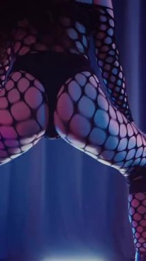 Dikey. Dans eden örgü giysili seksi kadın. Bir dansçı kız karanlık bir salonda erotik bir şekilde dans eder. Kıvranma, yüksek topuklar, striptiz, baştan çıkarıcı bir dans. Atmosferik renkli ışık, kulüp, sahne.
