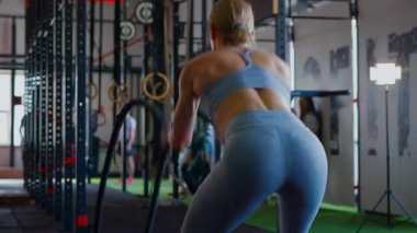 Spor salonunda egzersiz yapan kaslı bir kadın. Atletizm antrenmanı. Güzel vücudunu ve vücut şeklini gösteren güçlü atletik kadın..