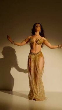 Büyüleyici bir dansçı, altın içinde parıldayan, hareketleri büyüleyici bir manzara. Altın ışık bir dansçının zarif şeklini aydınlatır, göbek dansının sanatını gözler önüne serer..