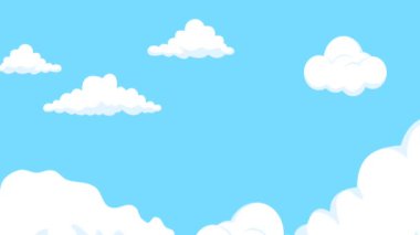 Mavi gökyüzü bulutlar sağa sola hareket dolu. Çizgi film animasyon gökyüzü arka plan. Düz animasyon, 