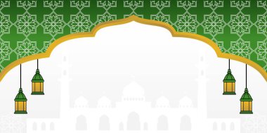 Yeşil İslami arka plan, fener süsü, mandala ve cami silueti. Bayrak için vektör şablonu, İslami bayramlar için tebrik kartı, Kurban Bayramı, Ramazan, Kurban Bayramı