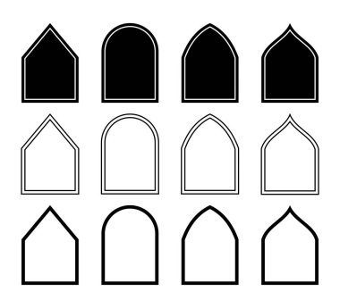 Silüet ve çizgilerin İslami stil çizimleri. Kapıların, pencerelerin, kubbelerin, camilerin, fenerlerin, İslami tatiller için vektörlerin şık tasarımı.