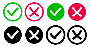 Kontrol işaretleri ve haçlar yeşil, kırmızı ve siyah. Basit vektör beyaz arkaplanda izole edildi