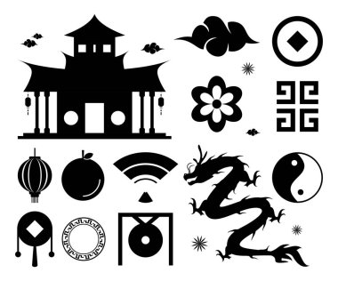 İkonun Çin Yeni Yıl siluet tasarımı. Tapınak sembolleri, ejderhalar, fenerler, bulutlar, çiçekler, portakallar. Basit süs vektörü