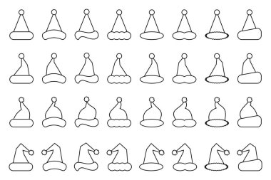 Noel Baba şapka koleksiyonu, Noel şapkası ikonu. Siyah çizgi vektör tasarımı beyaz arkaplanda izole edildi.