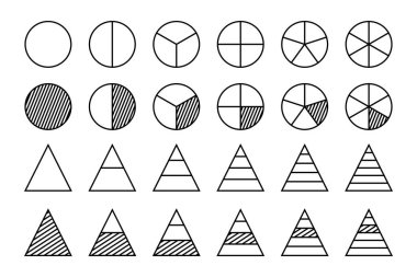 Diyagram kümesi veya bölme çizgisi simgeleri. yuvarlak ve üçgen tasarım beyaz arkaplanda izole edildi. Web, uygulama, şablon, ui için vektör.