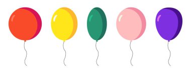 Balon ikonları, doğum günü ve parti süslemeleri koleksiyonu. kırmızı, sarı, yeşil, pembe ve mavi balonlar. Beyaz arkaplanda izole edilmiş vektör