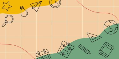 Okulun arka planına, çeşitli okul malzemeleri ikonlarıyla birlikte. bedava kopyalama alanı. Afişler ve posterler için uygun.