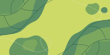 Tropikal yeşil arkaplan soyut şekiller, dalgalar ve yazı için boş boşluklu yapraklar. Pankart, poster, sosyal medya şablonu