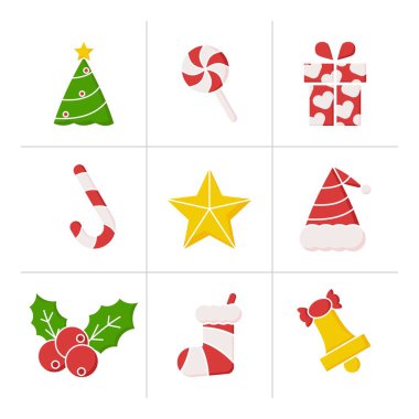 Hediye ikonları, yıldızlar, lolipoplar, Noel ağaçları, Noel şapkaları, böğürtlenler, çoraplar gibi Noel resimlerinden oluşan bir koleksiyon. modern dekorasyon tasarımı