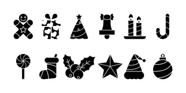 Hediye ikonları, yıldızlar, lolipoplar, Noel ağaçları, Noel şapkaları, böğürtlenler, çoraplar gibi Noel süsü ikonları koleksiyonu. Basit siluet tasarımı