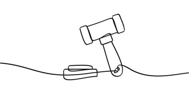 Adaletin sembolü olan Yargıç Çekiç ikonunun sürekli çizimi. soyut çizgi çizimi