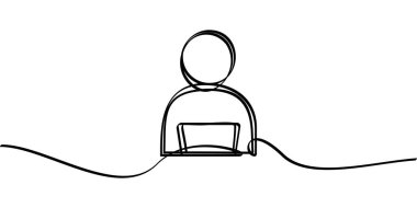 Dizüstü bilgisayarın önünde çalışan insanların sürekli çizim sembolü. soyut çizgi çizimi