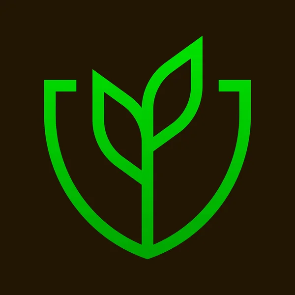 シンプルな線画緑の芽の幾何学的記号を盾に — ストックベクタ