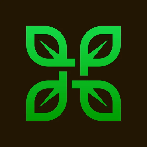 Minimalistiska Fyrkantiga Tvinnade Gröna Tecken Fyra Sammanflätade Blad Skandinavisk Stil — Stock vektor