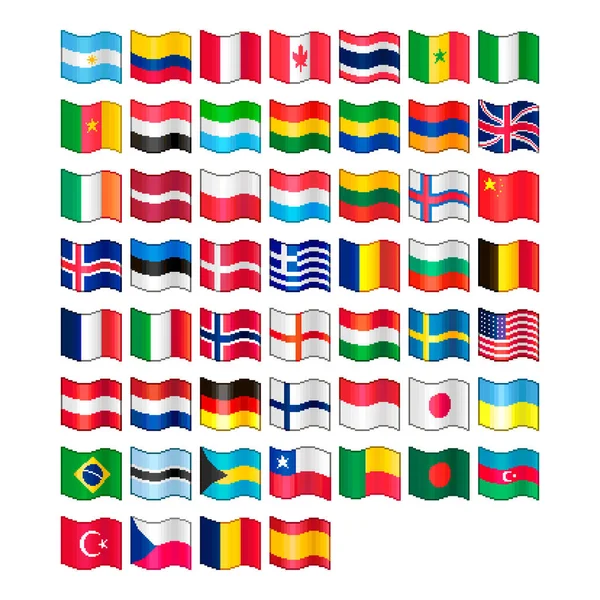 Colorido Simple Vector Pixel Plano Arte Conjunto Banderas Que Fluyen — Vector de stock