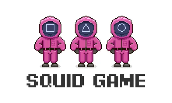 Cartoon Pixel Art Characters Red Overalls Workers Soldiers Squid Game — 스톡 벡터