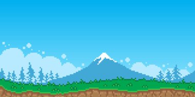 Renkli basit vektör pikseli sanat yatay çizimi dağ karlı zirvesinde gün ışığının, köknar ağaçlarının ve yeşil çimlerin retro platform video oyunu tarzında resmedilmesidir