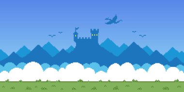 Renkli basit vektör pikseli. Fantezi kalesi ve gökyüzündeki ejderhanın yatay çizimi. Retro platform tarzı.