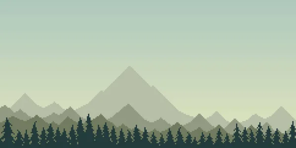 Färgglada Enkla Vektor Pixel Konst Horisontella Illustration Morgon Bergslandskap Med — Stock vektor