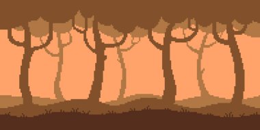 Eskimiş platform oyunu seviyesinde karanlık ormanın renkli basit vektör pikseli sanatı yatay resimlemesi