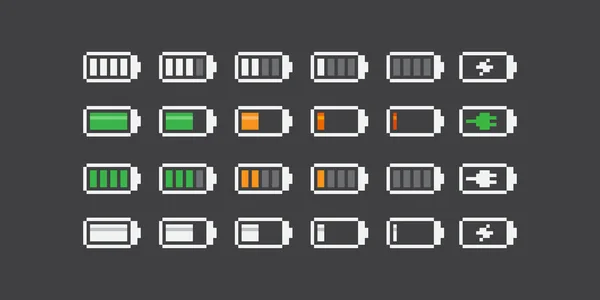 Απλό 8Bit Pixel Τέχνη Μινιμαλιστικό Σύνολο Από Εικονίδια Επίπεδο Μπαταρίας — Διανυσματικό Αρχείο