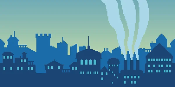 Färgglada Enkla Vektor Pixel Konst Horisontella Illustration Silhuett Stadens Byggnader — Stock vektor