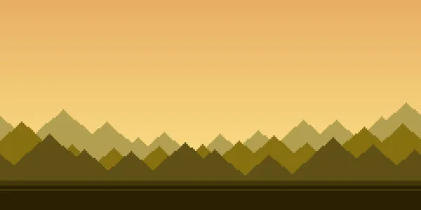 カラフルなシンプルなベクトルピクセルアートは レトロなプラットフォームスタイルで朝の空の下で鋭い山々のシルエットのシームレスな無限の水平イラスト ゲームデザインのためのアーケード画面 — ストックベクタ