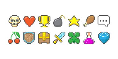 Renkli basit 8bit piksel resim grafik sembolleri grup koleksiyonu. Kafatası, kalp, kadeh, bomba, kiraz, göğüs, ifade, yıldız, yemek
