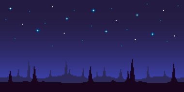 Fantezi gezegeninin renkli basit vektör pikseli sanatı yatay illüstrasyonu yıldızlı gökyüzü altında retro platformatör video oyunu tarzında