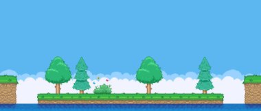 8bit renkli basit vektör pikseli sanat yatay çizim çizimi çalılık, ladin ve yaprak döken ağaçlar retro video oyun platformu düzeyi tarzında