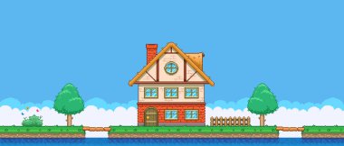 8bit renkli basit vektör pikseli sanat yatay çizim retro video oyunu platformatında köprüler arasındaki karikatür evi çizimi