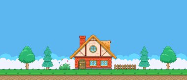 8bit renkli basit vektör pikseli sanat yatay çizim çizimi kozalaklı ve yaprak döken ağaçlar arasında retro video oyunu platformatında