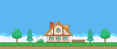 8bit renkli basit vektör pikseli sanat yatay çizim çizimi kozalaklı ve yaprak döken ağaçlar arasında retro video oyunu platformatında