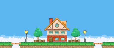 8bit renkli basit vektör pikseli sanat yatay karikatür çizimi. İki katlı ev, adada iki sokak lambası arasında retro video oyunu platformatındaki köprüler arasında.