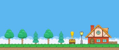 8bit renkli basit vektör pikseli. Çizgi film evi ve ormanın yatay çizimi. Define sandığı retro video oyunu platformatında.