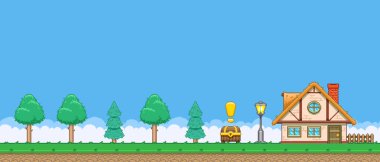 8bit renkli basit vektör pikseli. Çizgi film evi ve ormanın yatay çizimi. Define sandığı retro video oyunu platformatında.