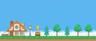 8bit renkli basit vektör pikseli. Çizgi film evi ve ormanın yatay çizimi. Define sandığı retro video oyunu platformatında.