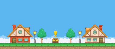 8bit renkli basit vektör pikseli sanat yatay çizimi iki ev ve aralarında eski video oyunu platformatında hazine sandığı arayışı çizimi