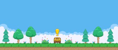 8bit renkli basit vektör pikseli sanat yatay çizim çizim hazine sandığı ağaçlar ve iki çiçekli çalılık retro video oyunu platformatında