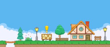 8bit renkli basit vektör pikseli sanat yatay çizim çizim ilan panosu evin yakınında retro video oyunu platformatında