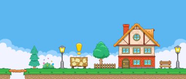 8bit renkli basit vektör pikseli sanat yatay çizim çizim ilan panosu retro video oyunu platformatında iki katlı bir bina yakınında