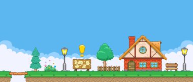 8bit renkli basit vektör pikseli sanat yatay çizim çizim ilan tahtası tuğla evin yanında retro video oyunu platformatında