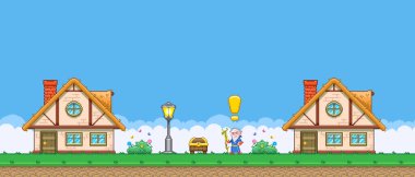 8bit renkli basit vektör pikseli sanat yatay çizimi çizgi film arayışı sihirbazı, Druid, hazine sandığının yakınındaki evler arasında retro video oyunu platformatör tarzı