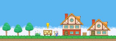 8bit renkli basit vektör pikseli sanat yatay karikatür köyü Druid yaşlısının retro video oyunu platformatında araştırma bülteni panosunun yanındaki çizimi