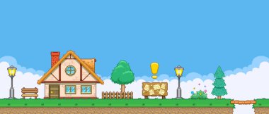 8bit renkli basit vektör pikseli sanat yatay çizim çizim ilan panosu evin yakınında retro video oyunu platformatında