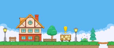 8bit renkli basit vektör pikseli sanat yatay çizim çizim ilan panosu retro video oyunu platformatında iki katlı bir bina yakınında