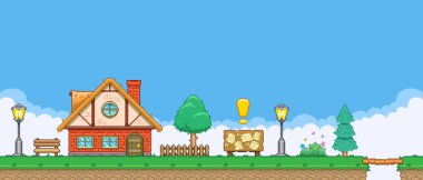 8bit renkli basit vektör pikseli sanat yatay çizim çizim ilan tahtası tuğla evin yanında retro video oyunu platformatında